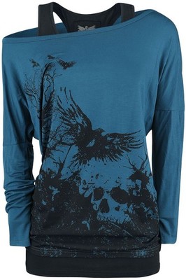 Black Premium by EMP Damen schwarz-blaues Langarmshirt im Double-Layer-Look