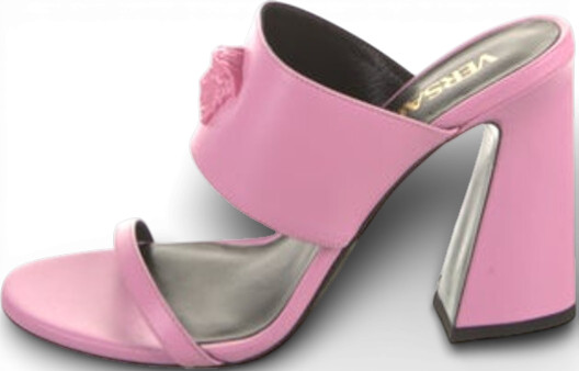 Versace Pink Leather Geometric Heel Slide Sandals Shoes Medusa 39 US 9 NIB thumbnail 7