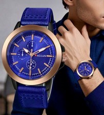 Elegant Blue Chronograph Watch with Rose-Gold Bezel and Leather Strap
