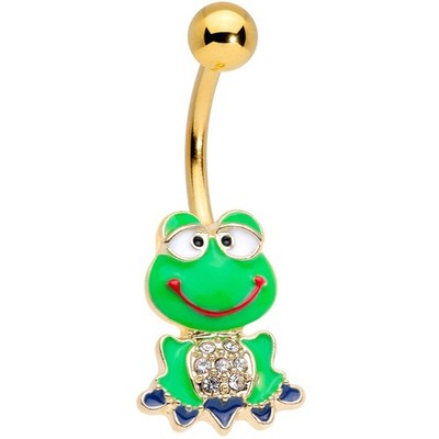 Clear Gem Gold Tone Green Goofy Frog Belly Ring