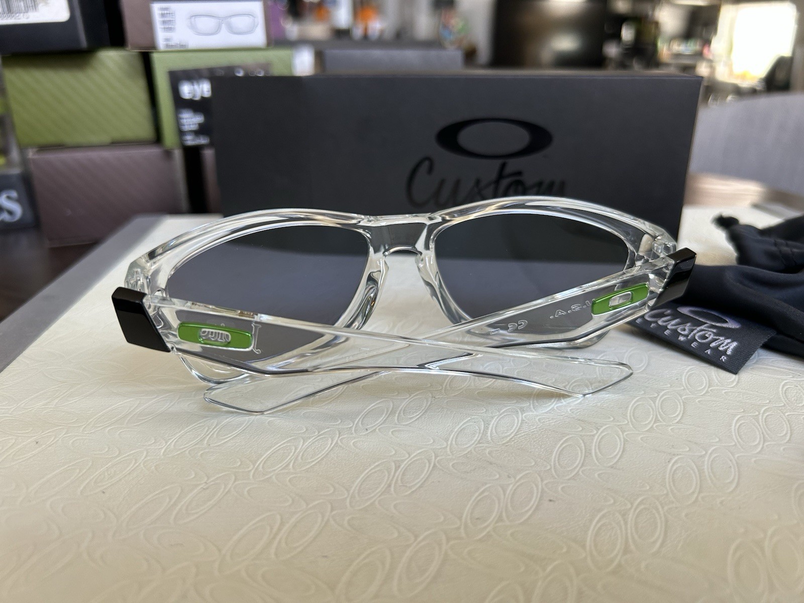 NEW Oakley Custom Jupiter Clear with green logo / Emerald Iridium image 2