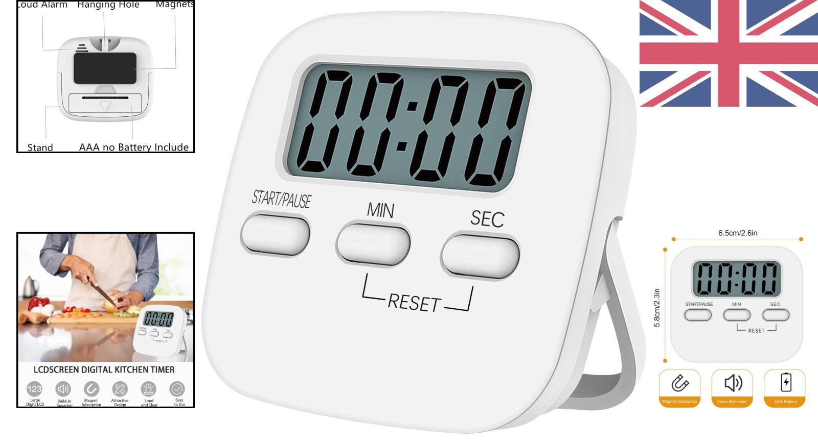 Versatile Countdown Timer with Large Display for Cooking, Fitness & More - White