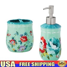 Floral Stoneware Bath Accessories Set Soap Dispenser Toothbrush Holder Decor New