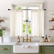 Linen Kitchen Window Curtains 36 Inch Length for Over Sink - Beige Cafe Drape...
