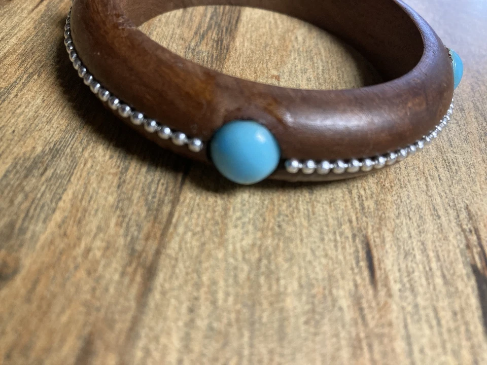 Brazalete Brazalete Madera con Cuentas Color Plata Alrededor y 4 Piedras Color Turca Foto 4 de 4