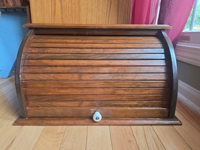 Vintage Roll Top Wooden Bread Box MCM Cottage Farmhouse Desk Kitchen Storage SEE
