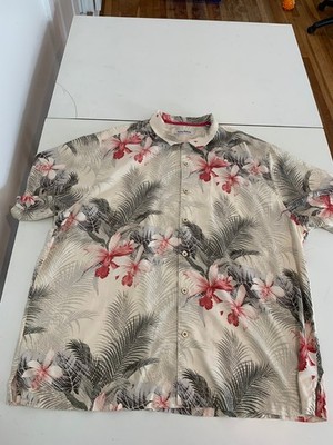 Tommy Bahama Shirt 2XLB Hawaiian Beige Floral Camp Collar Resort Island Zone