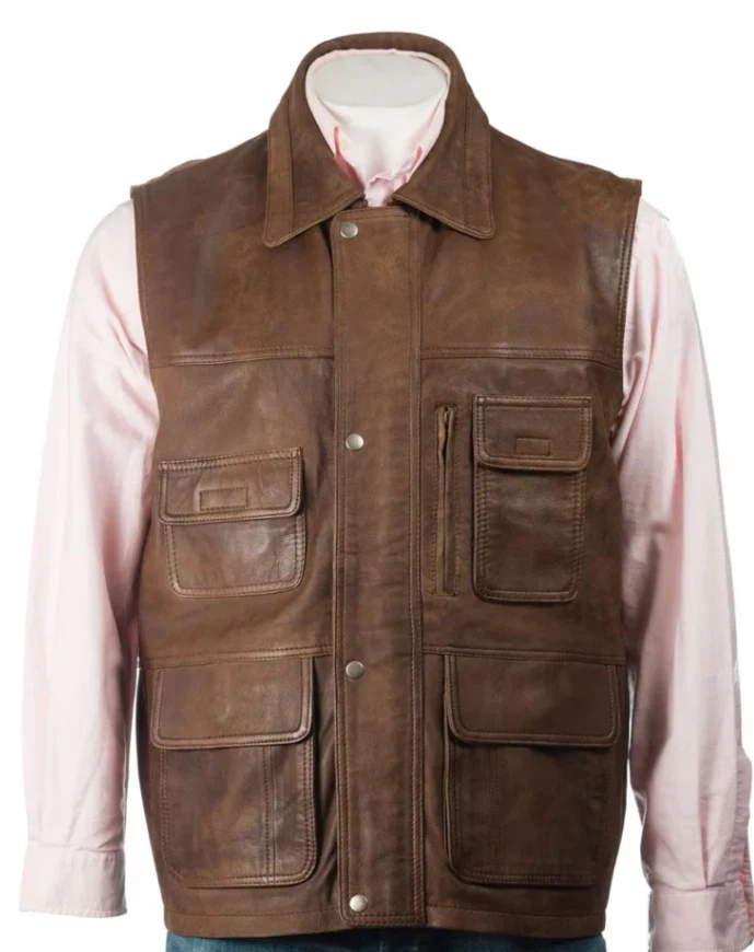 Mens Brown Leather Vest Utility Cargo Motorcycle Biker Multi Pocket Waistcoat