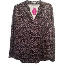 V-Neck Leopard Print Long Sleeve Blouse- Large