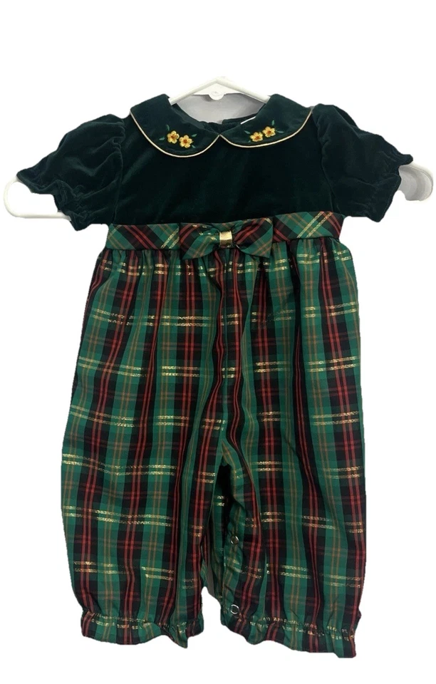 Винтажный зеленый бархатный и клетчатый рождественский цельный комбинезон для ребенка 3-6 месяцев - Изображение 2 из 4