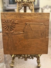 Vintage Wooden Barn and Windmill Carved Wall Plaque Natural Finish 12" x 11"