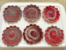 Handmade Crochet Yarn Spiral Round Coaster Set, Pink Grey Cream, 6 Pack