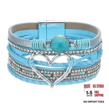 Heart Leather Wrap Bracelets, Multilayer Trendy Stackable Boho Cuff Sky Blue