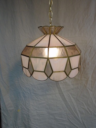 Vintage MCM SWAG CHAIN LAMP - ROSE COLOR LEADED GLASS - Picture 4 of 9