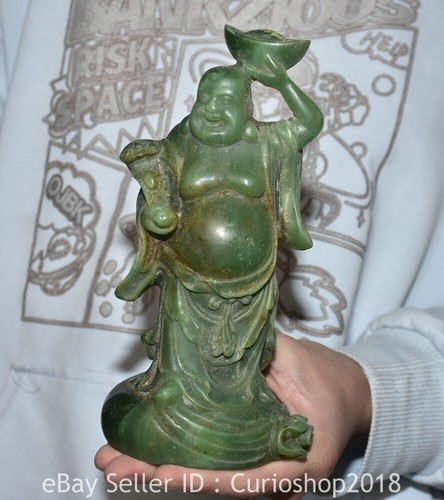 8" Chinese Natural Green Jade Carving Ru Yi Yuan Bao Maitreya Buddha Statue