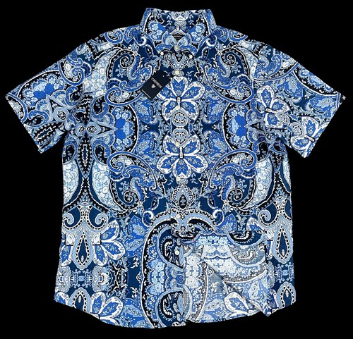 Camicia Uomo CREMIEUX Blu Bianco Paisley Lino Manica Corta Grande L Nuova Con Etichetta Nuova NiCe! - Foto 2 di 4