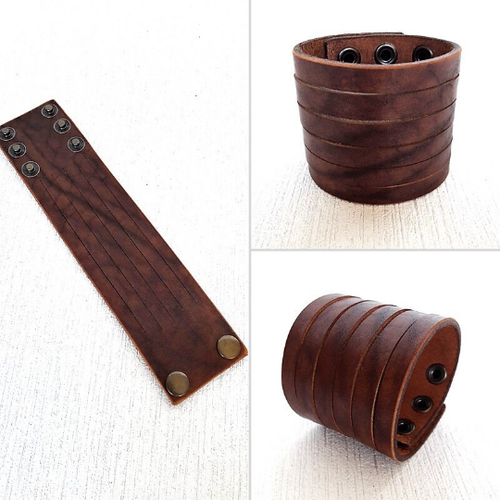 Wide cuff adjustable multistrand leather bracelet Slit wristband Wrap - Picture 6 of 16