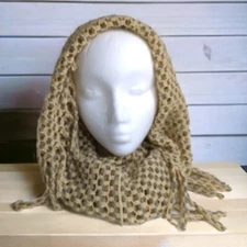 Beige Gray Chunky Loose Knit Loop Infinity Tube Circle Knitted Scarf Fringe