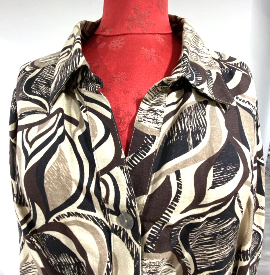 Mujer 2X Blusa Talla Grande Lino Mezcla Rayón Informal Marrón Tostado Estampado Abstracto Foto 4 de 4