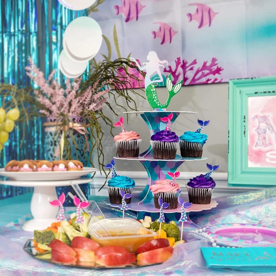 Soporte para cupcakes y envoltorios para pasteles de sirena de baby shower suministros para fiestas de cumpleaños Foto 4 de 4