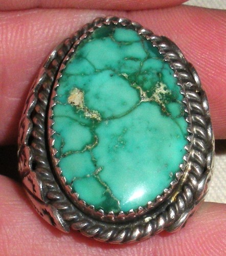 VINTAGE NAVAJO GORGEOUS SIGNED LT TURQUOISE STERLING SILVER RING SIZE 9 vafo - Picture 5 of 10