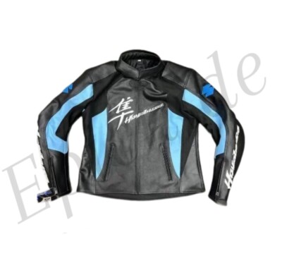 CUSTOM BLACK BLUE HAYABUSA LEATHER RACING JACKET ARMOR PROTECTED CE APPROVED