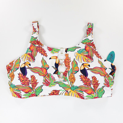 Mynah Women's Plus Adjustable Strap Tropical Print Bikini Padded Top White 24W