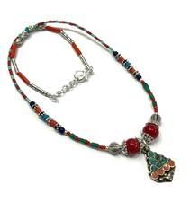 Precioso Collar De Plata Tíbet Colgante De Cuentas De Piedras Preciosas Redondas Naturales Coloridas De 18