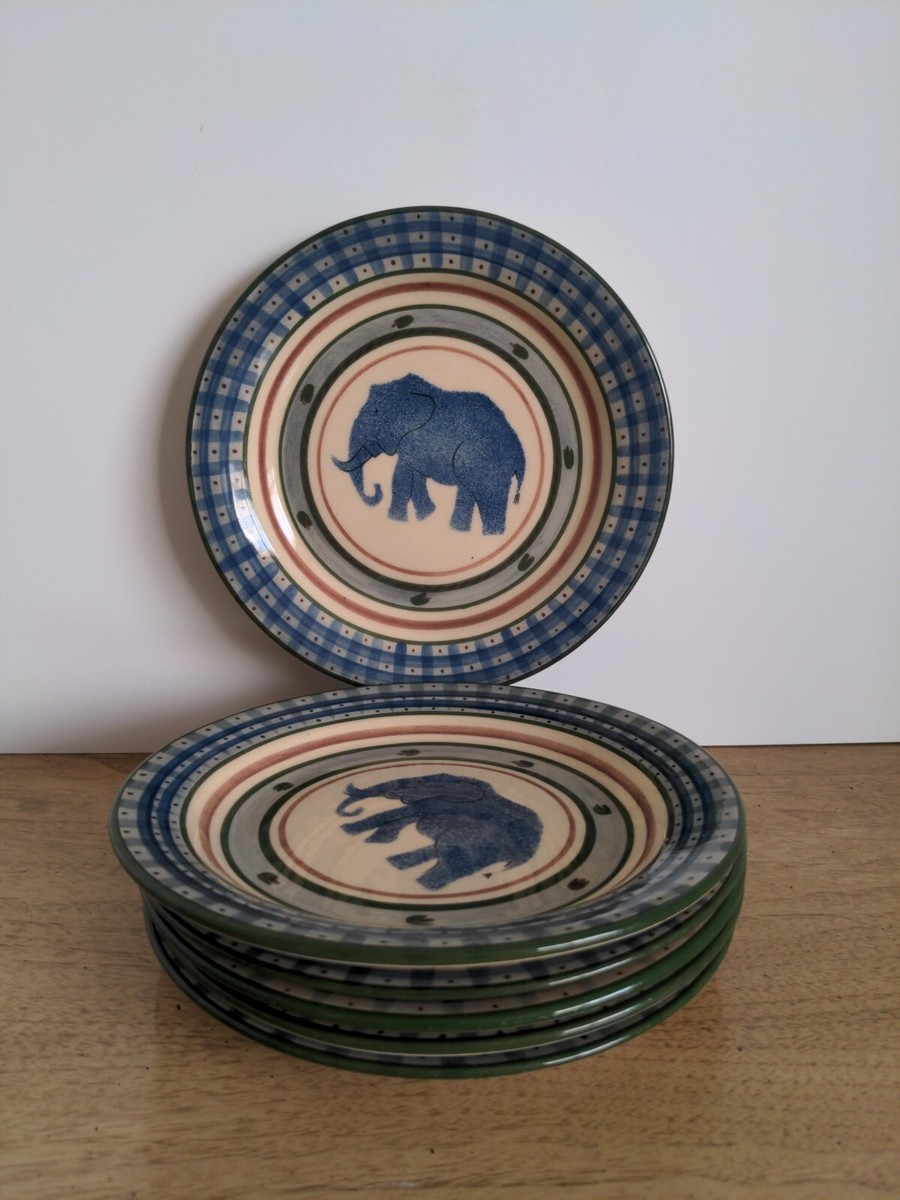 Zimbabwe Elephant Safari Pottery 7” Bread Plate Hand Painted Folk Art Set of 6