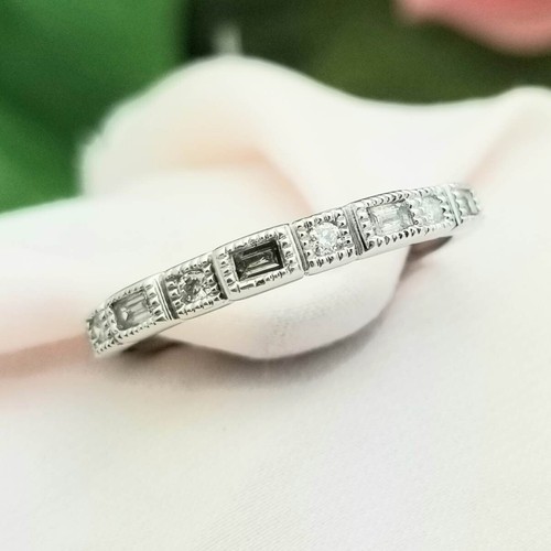 14K Baguette and Round Diamond Wedding Band-White Gold-Earth Mined-10CT-1.8mm - Picture 3 of 8