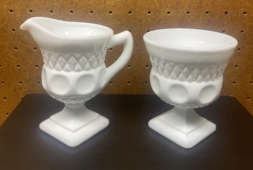 Vntg Indiana Kings Crown Thumbprint Milk Glass Matching Creamer & Sugar Bowl Set