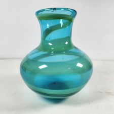 Hand Blown Art Glass Vase Aqua Green Blue Swirl 5.5" Flower Vase