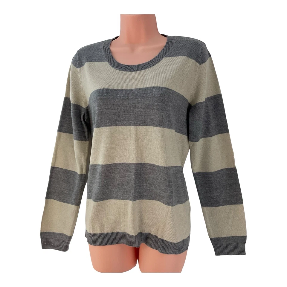 Papaya Mujer Beige y Gris Rayas Punto Suéter Manga Larga Cuello Redondo Talla 14 Foto 3 de 4
