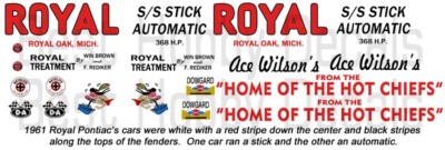Ace Wilson's Royal Pontiac's 1961 1/18th Scale Waterslide Drag NHRA Decals