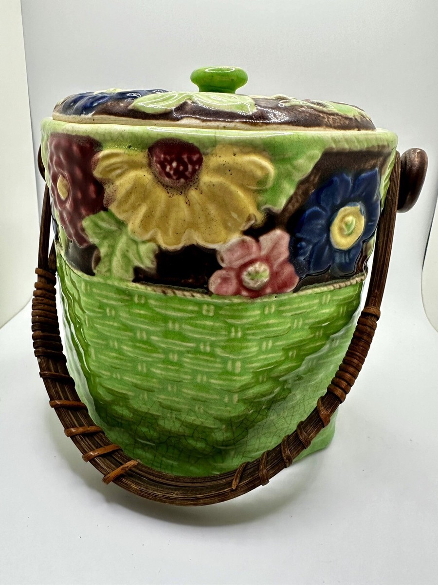 Mid Century Cracker Biscuit Cookie Jar Rattan Handle Vintage MCM