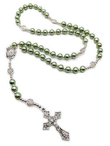 Green Pearl Beads Rosary Catholic Necklace Miraculous Medal Cross Crucifix - Picture 8 of 8