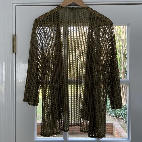 Gold Metallic Open Front Cardigan Women's Size L Faux Chainmail Mesh Textured - Imagen 2 de 7