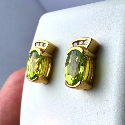 Ohrringe 14 Karat Gelbgold 7 x 5 mm ovale natürliche Peridot mit Diamanten 0,05 kt. - Bild 4 von 10
