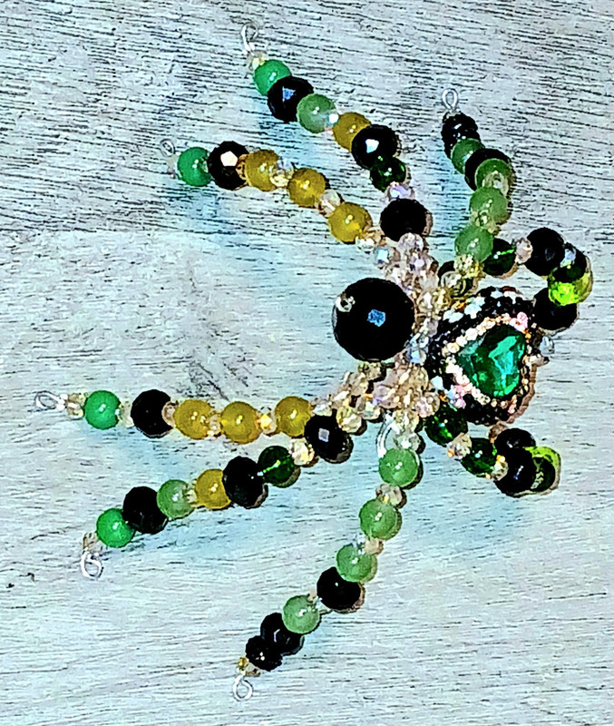 Handmade Beaded Spider Ornament Decoration - Green Black Yellow Beads