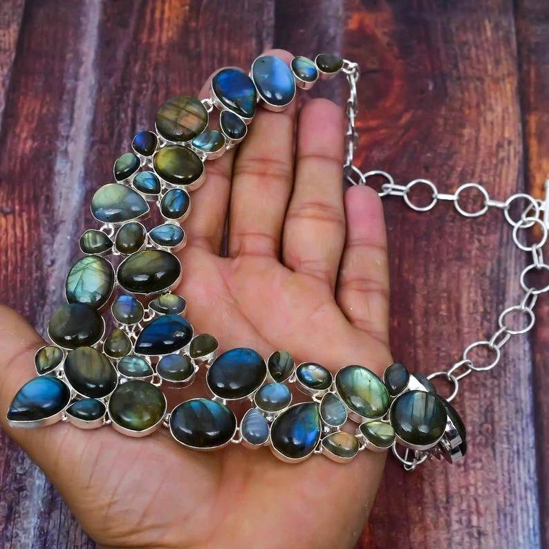 Collar de joyería de plata de ley 925 con piedras preciosas de labradorita natural tamaño-18" Foto 2 de 4