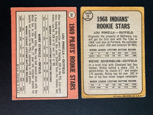 1968 and 69 Topps Lou Pinella Rookie Cards (RC) #16 and #394 - Picture 2 of 2