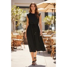 Ann Taylor Petite Black Ponte MIdi Dress PS Drawstring Waist Women NEW