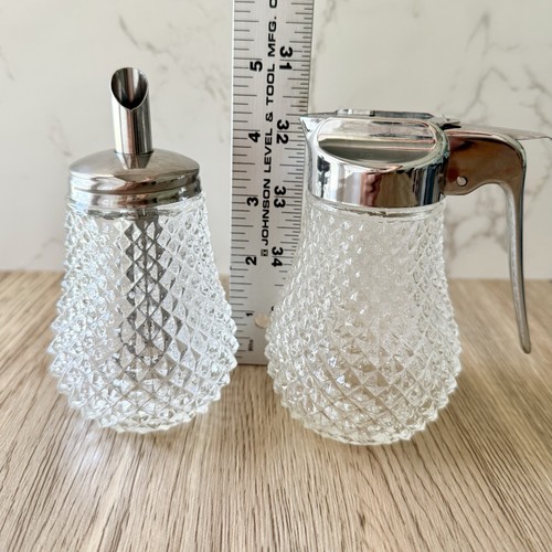Vintage Diamond Point Cream Syrup Dispensers Clear Glass Sugar Diner Set - Picture 4 of 5