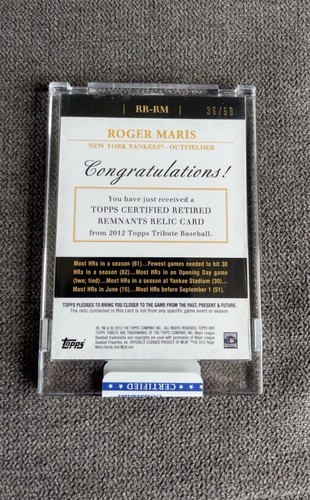 2012 Topps Tribute Retired Remnants Roger Maris Relic Card #36/50 - Picture 2 of 2