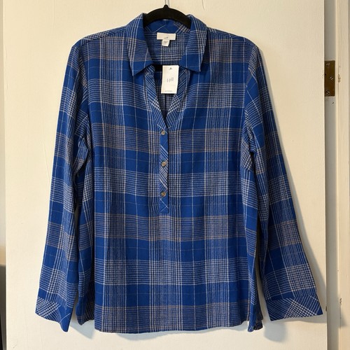 J. Jill Top Damen Gr. XL ozeanisch-blau bunt strukturiert kariert Popover Tunika Shirt