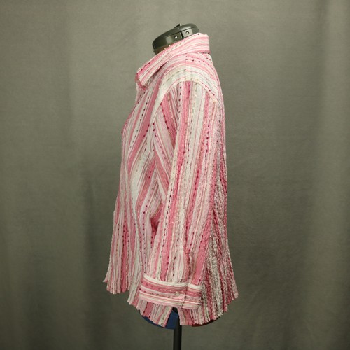 Breckenridge Striped Textured Dots 3/4 Sleeve Crinkle Button Up Shirt Pink L - Picture 7 of 23