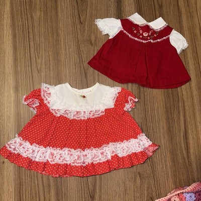 Lot of 2 Vintage Newborn Christmas Dresses - Red, White, Lace, Embroidered