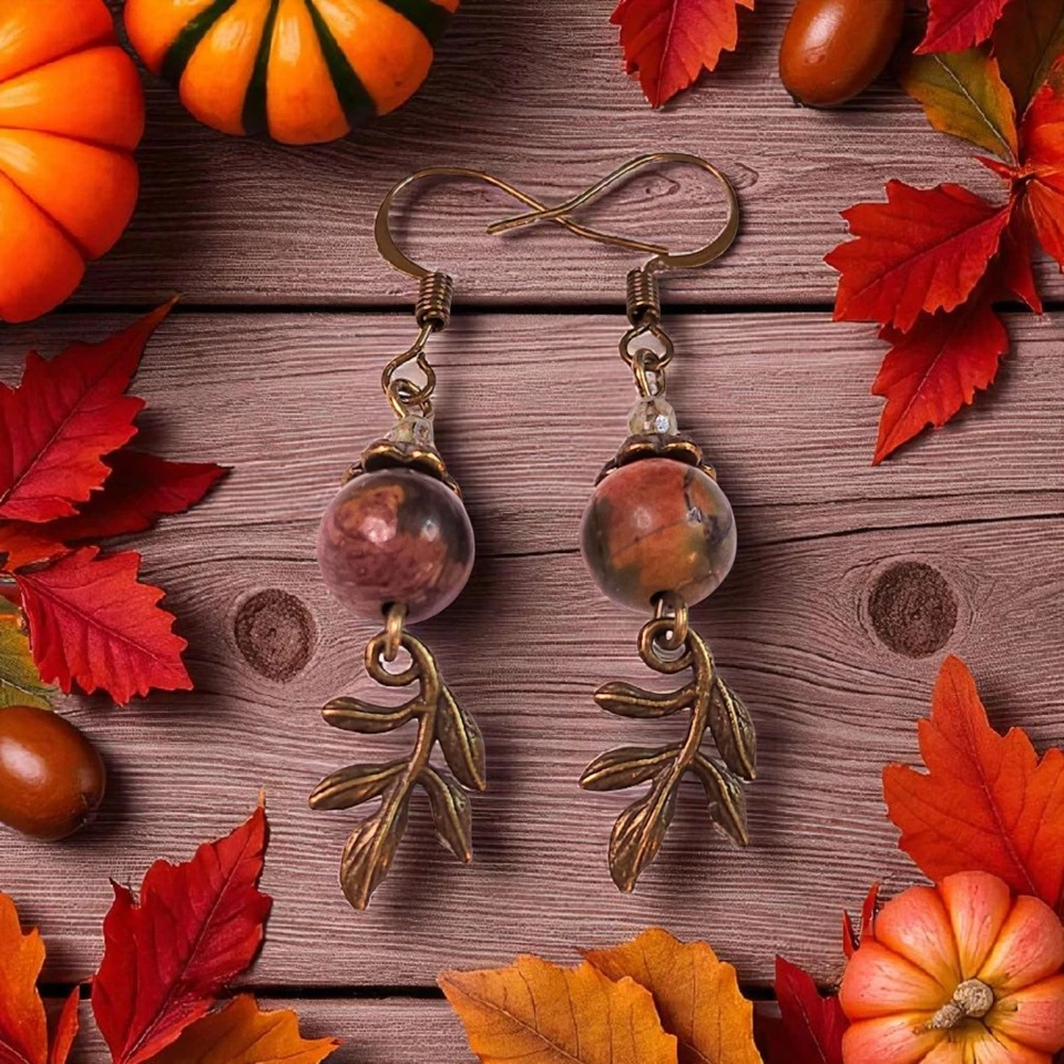 Pendientes Hoja Otoño Picasso Jaspe Gemas Antiguo Bronce Cuelga Hecho a Mano Foto 2 de 4