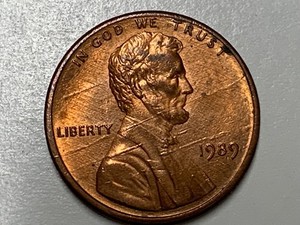 1989 P Lincoln Cent.  Bisecting die Crack Centered Rim to Rim.