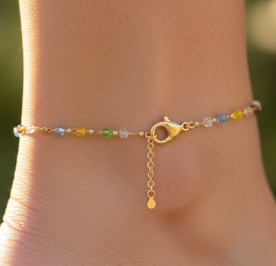 Boho Multicolored Beaded Gold Tone Anklet 18K Gold Plated Minimalist Chain Ankle